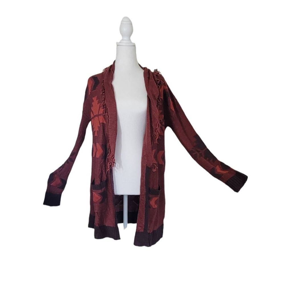Wild Pearl Waterfall Fringe Cardigan Women's S Open Front Orange Brown Aztec Kni